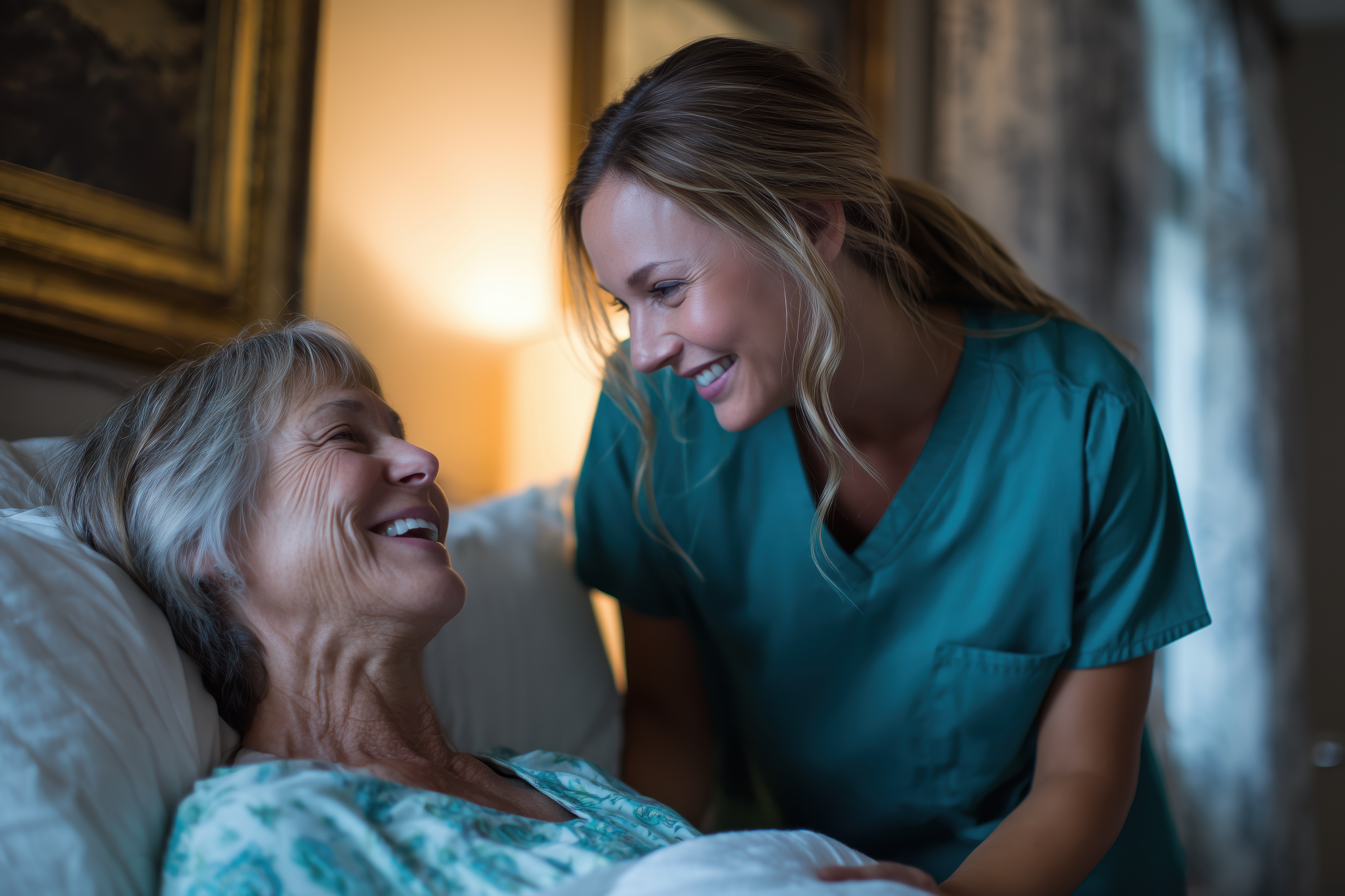 Caregiver smiling with elderly patient